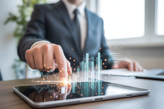Business Growth Analysis: A well-dressed individual meticulously analyzes intricate digital charts on a tablet, epitomizing modern business insight and data-driven strategies.
