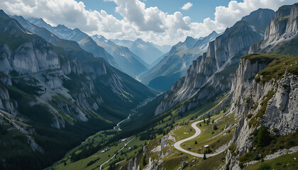 A stunning mountain valley view featuring a winding road, cliffs, and dramatic cloudy skies.
