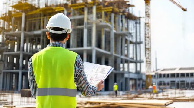 A construction manager inspects site plans at a building site. Dressed in safety gear, he oversees the construction process, ensuring quality and safety standards are met.