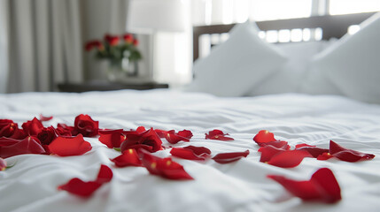 rose petals on clean white bed 