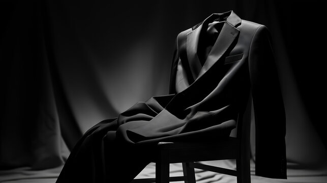 Fashion studio still life: black suit jacket draped over chair, spotlighting sharp lines and fabric folds, luxury aesthetic