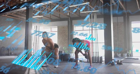 Hinging hips initiating kettlebell swings, partners performing sets for strength with data overlay - Powered by Adobe