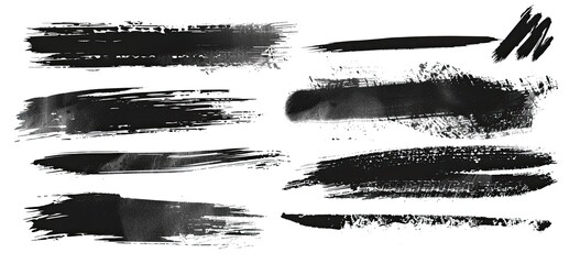 Collection of ten black ink brush strokes on white background, varying in length, width, and texture