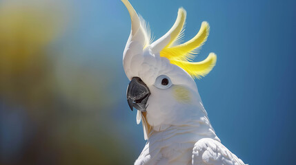 Close-up of cockatoo with yellow crest, Detailed portrait of a cockatoo head showing bright yellow crest feathers against blurred background.