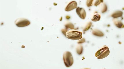 Obraz premium Falling pistachios isolated on white, Multiple pistachios falling in midair, captured with motion, isolated on a clean white background.