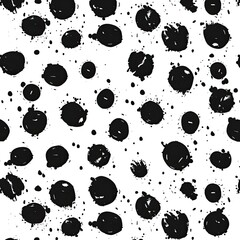Seamless pattern of hand-painted black ink blots on white background, varying in size and shape, creating a textured, abstract design