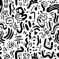A playful, monochrome pattern featuring abstract shapes, wavy lines, and quirky doodles on a white background.  The design is dense yet balanced, creating a dynamic and energetic visual texture