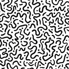 Abstract seamless pattern with black wavy lines and dots on white background.  The design is reminiscent of organic shapes and forms