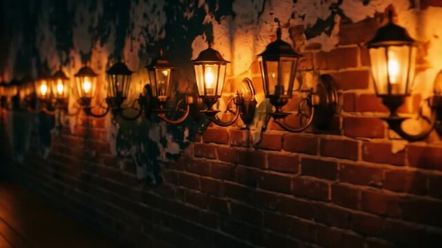 A row of lit black sconces lines a weathered brick wall in dim lighting