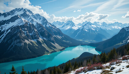 Breathtaking aerial view of a turquoise lake nestled between snow-capped mountains under a bright blue sky.