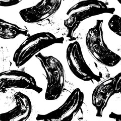 Monochrome banana print with a grunge texture, featuring stylized fruit in a scattered, overlapping pattern on a white background