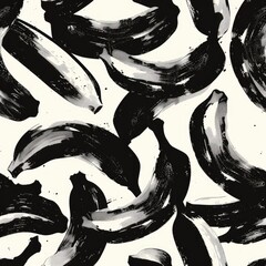An abstract seamless pattern featuring stylized banana shapes rendered in black and grey paint strokes on a white background.  The design is bold and textural