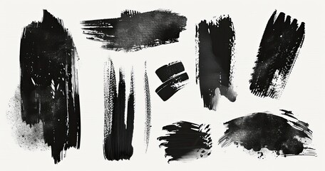 A collection of twelve abstract black ink brush strokes on a white background, varying in size, shape, and texture, exhibiting a raw and expressive artistic style