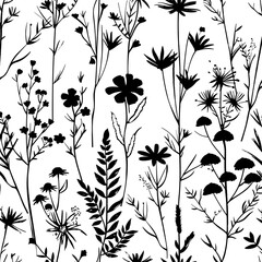 Seamless pattern of various black wildflowers and ferns on a white background, rendered in a minimalist line-art style