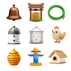 A collection of farming emojis depicting a bell, well, chicken, corn, and more, symbolizing countryside life and agriculture.