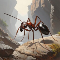 Detailed digital illustration of a large ant on a rock overlooking a misty canyon
