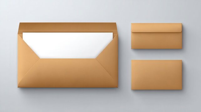 A collection of stylish brown envelopes with a blank sheet peeking out, ideal for business correspondence or creative projects, This image can enhance designs in stationery and branding,