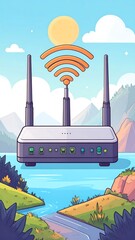 Wireless router graphic, idyllic landscape, wifi signal