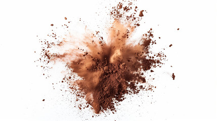 coffee powder explosion isolated - Dramatic brown powder cloud bursting and dispersing on a white background.
