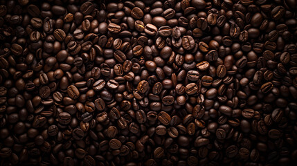 Pile of roasted coffee beans, Close-up of roasted brown coffee beans filling the entire frame.