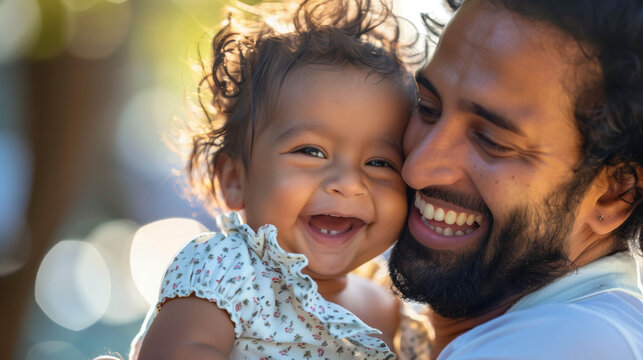 African father and baby smiling - African father lovingly holding his cheerful baby outdoors, both smiling brightly.