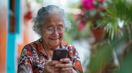 Smiling elderly woman using a smartphone, sitting outdoors, embracing technology with ease.