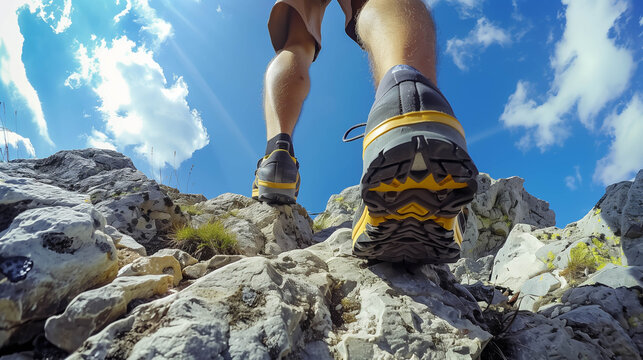 Hiker climbing rocky trail
Description: Low-angle shot of a hiker’s legs and shoes climbing rocky terrain against blue sky.