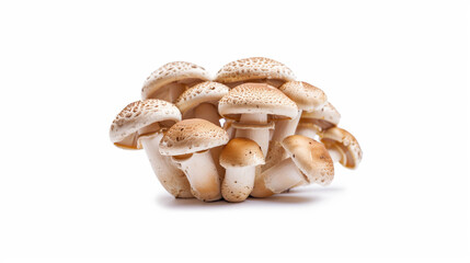 Group of fresh edible mushrooms isolated on a clean white background, showcasing texture and natural detail.
