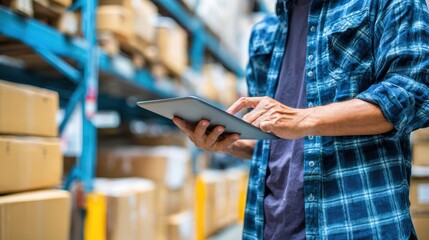 Focused medium shot of a supply chain manager interacting with a smart inventory tablet emphasizing automated tracking details against a soft outoffocus office backdrop.