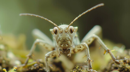 Extreme close-up macro shot of a grasshopper’s face, capturing fine details of its eyes, antennae, and textures.