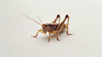 A close-up side view of a grasshopper on a plain background, showcasing its legs, antennae, and body structure in sharp detail.