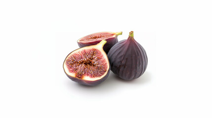 Whole and halved ripe figs on a white background, highlighting their deep purple skin and sweet, seedy interior, perfect for healthy diets.