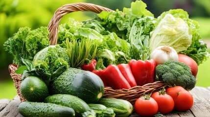 A vibrant basket overflowing with fresh vegetables, including lettuce, peppers, cucumbers, and tomatoes, set against a blurred garden backdrop, Ideal for health, cooking, or organic food themes,