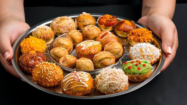 Exquisite Culinary Presentation: An appealing tray brimming with a variety of delicious bite-sized pastry treats, each meticulously arranged, presented with care and finesse.