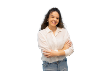 Confident businesswoman smiling, standing with crossed arms, wearing professional attire against transparent background