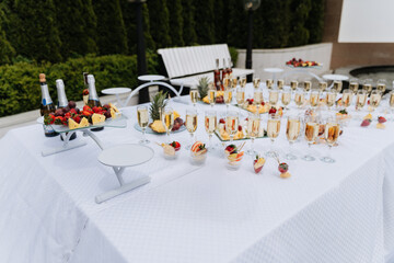Outdoor buffet table with champagne, fruits and snacks arranged for a festive celebration