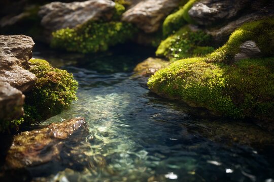 A close up of a small stream with mossy rocks lining the edges of the water in a natural setting