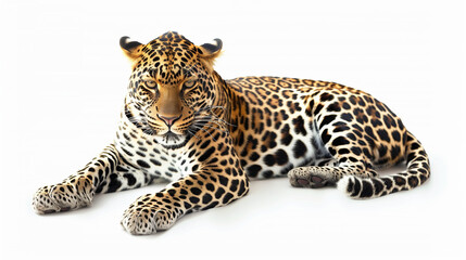 Fototapeta premium A majestic jaguar rests calmly on white, its golden fur patterned with distinctive rosettes, embodying strength, stealth, and wild beauty of rainforests.