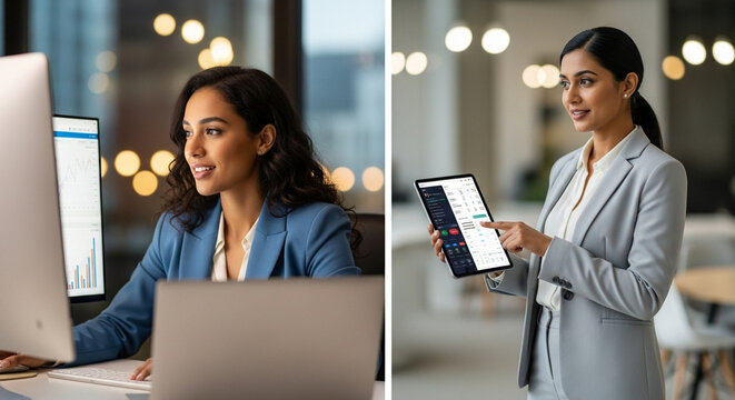 Latina Hispanic young adult professional business woman looking at pc device computer screen. Indian female businesswoman finance specialist holding digital tablet using fintech tab standing in office