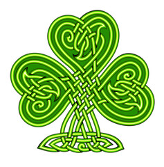 Beautiful shamrock decoration with Celtic knot pattern. Ancient St. Patrick day symbol. Irish ethnic drawing. Print for logo, icon, coin, tattoo, t-shirt. Hand drawn vector illustration.