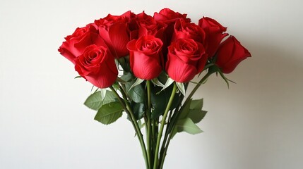 A vibrant bouquet of red roses arranged elegantly against a plain background, Ideal for promotions related to love, anniversaries, or special occasions