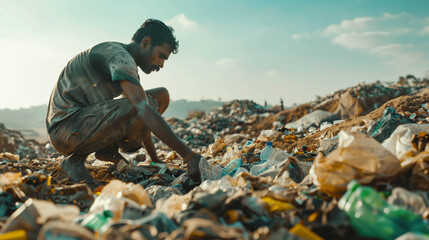 A man bends down in a garbage dump, surrounded by piles of waste under a bright sky, reflecting poverty, survival struggles, and harsh realities of urban life.
