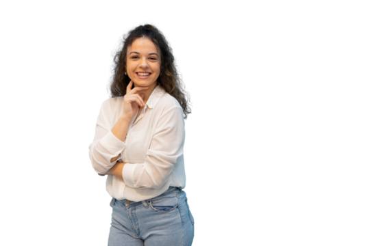 Professional businesswoman smiling, touching chin, wearing elegant attire against transparent backdrop - Powered by Adobe
