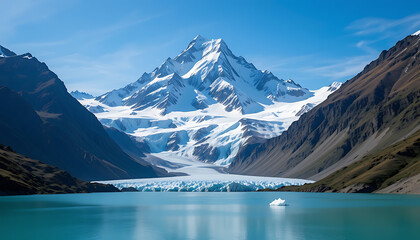 Obraz premium Snow-capped mountain dominates the landscape, reflected in the tranquil lake, framed by mountains under a clear blue sky.