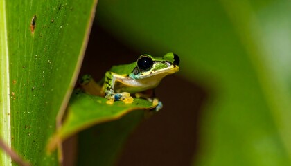 Obraz premium Small, vibrant frog nestled in green leaf