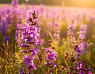 Obraz premium Purple wildflowers bathed in golden sunlight