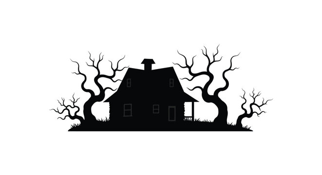 haunted house surrounded by eerie trees and dark shadows