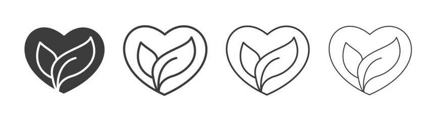 Leaf heart vector icon set in black and white color.