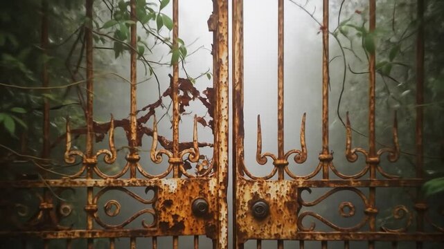A rusty ornate iron gate with climbing vines stands ajar obscured by fog