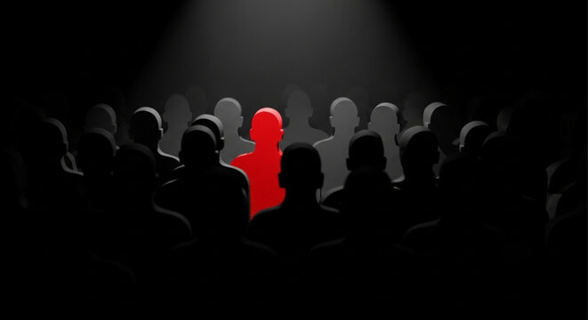 A dense crowd of matte black silhouettes, with a striking red figure in sharp contrast under a spotlight, emphasizing the peril of insider threats in data environments